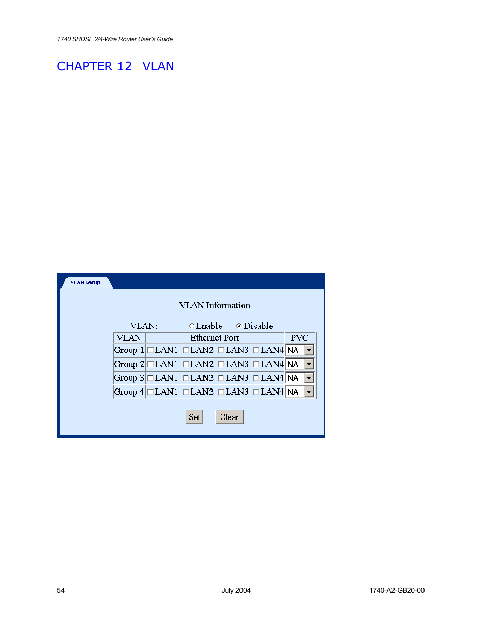 Vlan, Chapter 12, Chapter 12 vlan | Paradyne 1740 SHDSL User Manual | Page 54 / 74
