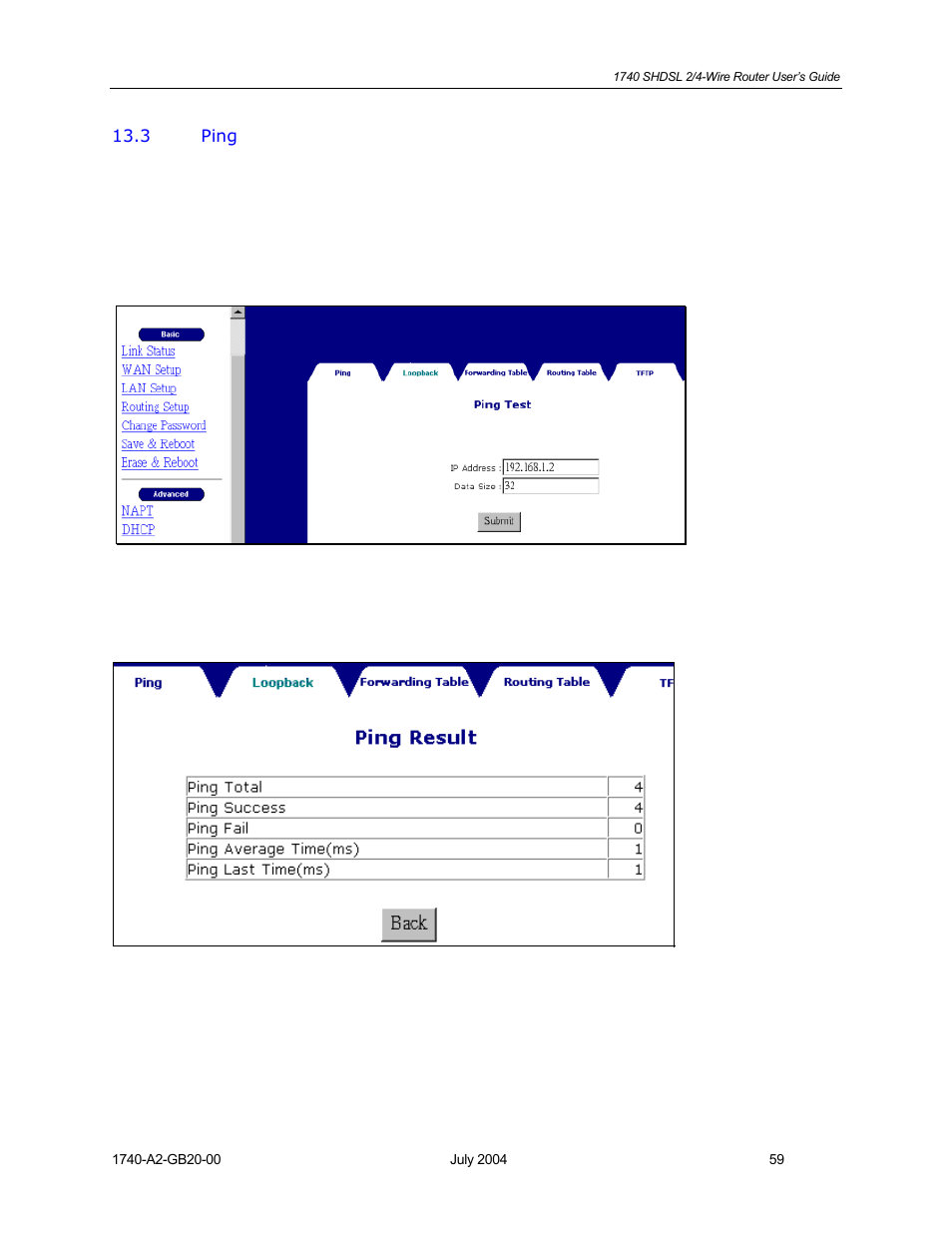 Ping | Paradyne 1740 SHDSL User Manual | Page 59 / 74