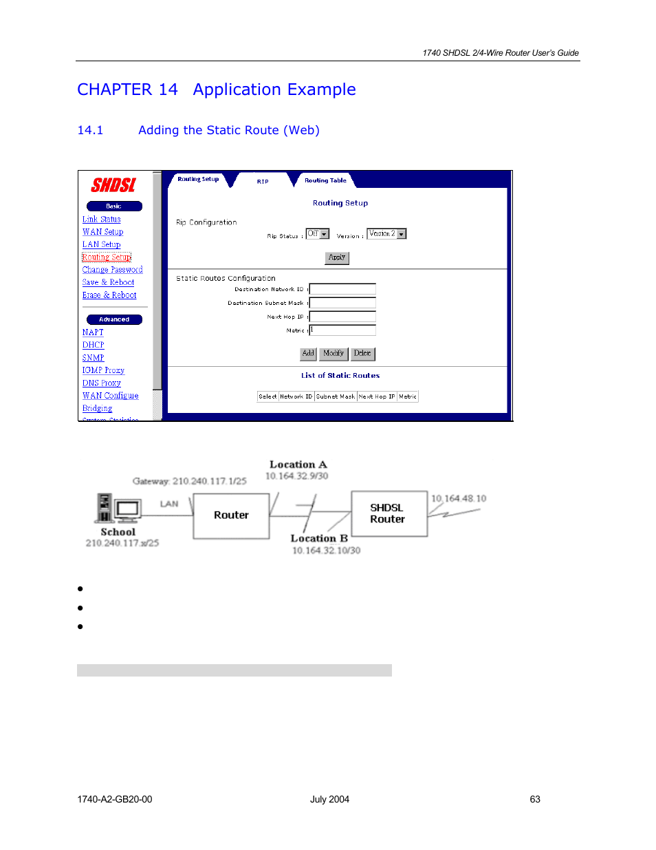 Application example, Adding the static route (web), Chapter 14 | Chapter 14 application example | Paradyne 1740 SHDSL User Manual | Page 63 / 74