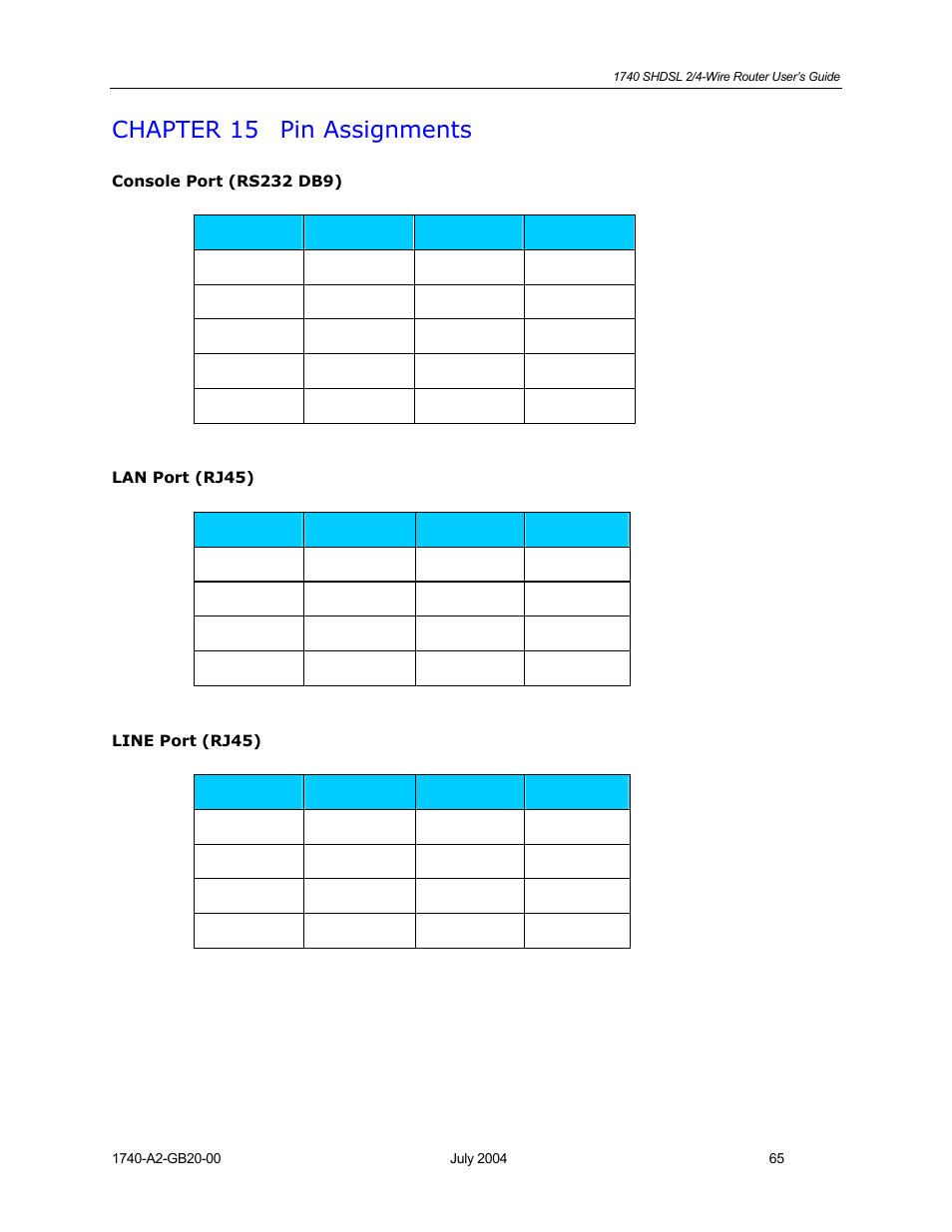 Pin assignments, Chapter 15, Chapter 15 pin assignments | Paradyne 1740 SHDSL User Manual | Page 65 / 74