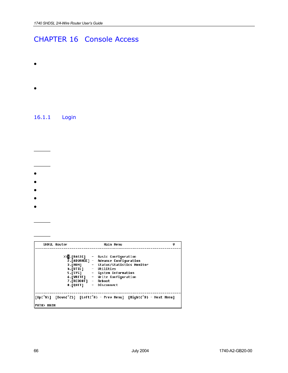 Console access, Login, Chapter 16 | Chapter 16 console access | Paradyne 1740 SHDSL User Manual | Page 66 / 74