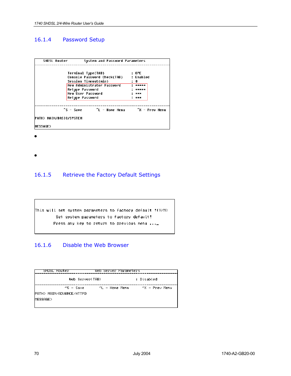 Password setup, Retrieve the factory default settings, Disable the web browser | Paradyne 1740 SHDSL User Manual | Page 70 / 74