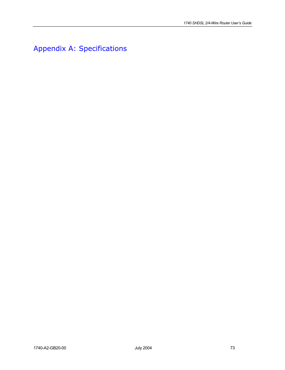 Appendix a: specifications | Paradyne 1740 SHDSL User Manual | Page 73 / 74