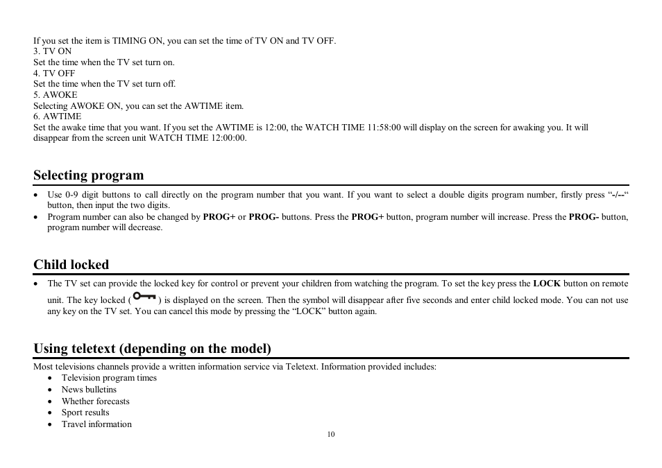 Selecting program, Child locked, Using teletext (depending on the model) | Hyundai H-TV2100PF User Manual | Page 10 / 30