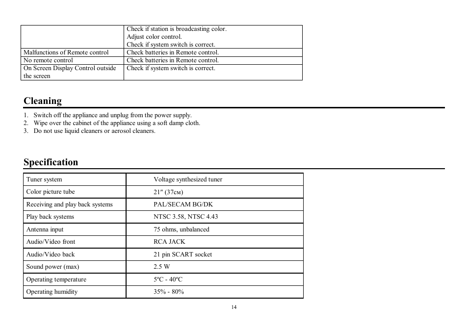 Cleaning, Specification | Hyundai H-TV2100PF User Manual | Page 14 / 30