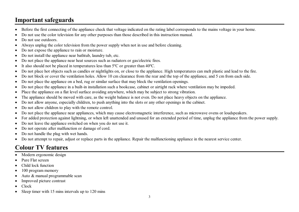 Important safeguards, Colour tv features | Hyundai H-TV2100PF User Manual | Page 3 / 30