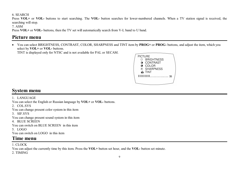 Picture menu, System menu, Time menu | Hyundai H-TV2100PF User Manual | Page 9 / 30