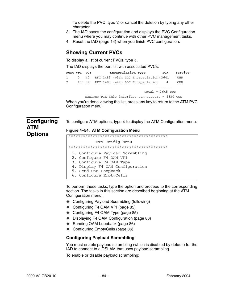Showing current pvcs, Configuring atm options, Configuring | Atm options | Paradyne JetFusion Integrated Access Device User Manual | Page 103 / 297
