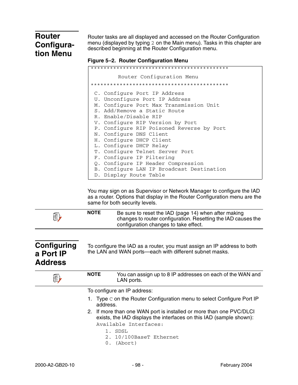 Router configura tion menu, Configuring a port ip address, Router configuration menu | Configuring, A port ip address, Router configura- tion menu | Paradyne JetFusion Integrated Access Device User Manual | Page 117 / 297