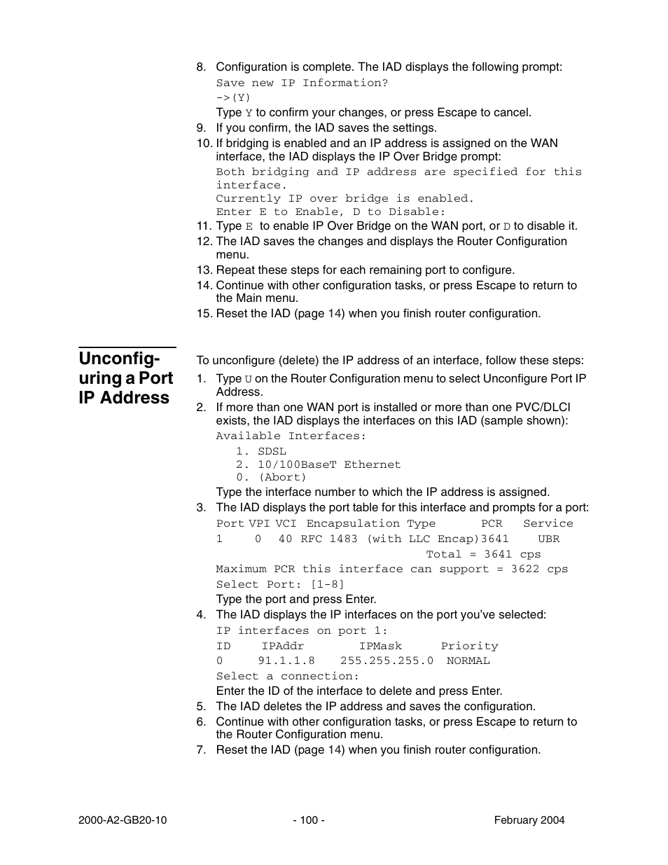 Unconfig uring a port ip address, Unconfiguring a port ip address, Unconfig- uring a port ip address | Paradyne JetFusion Integrated Access Device User Manual | Page 119 / 297