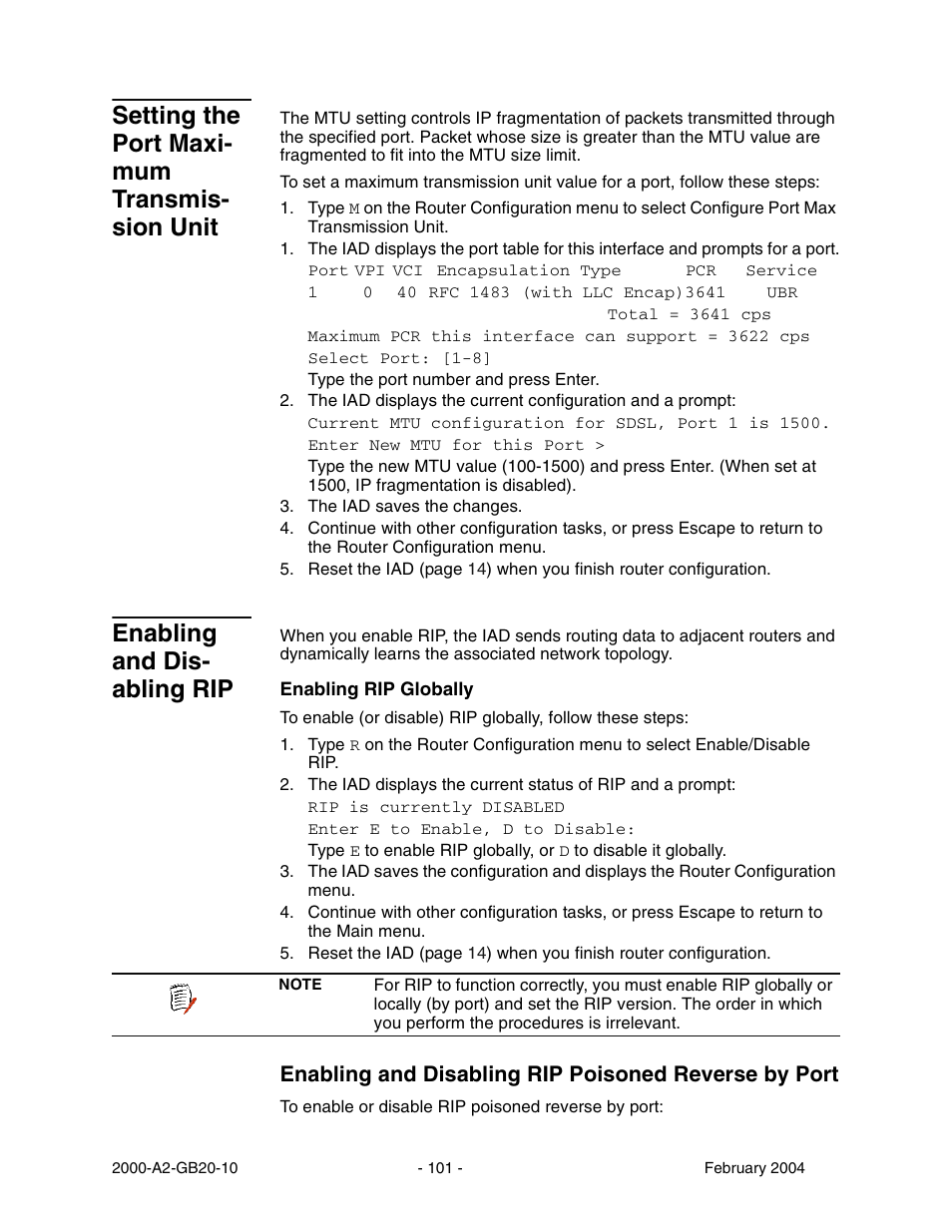 Setting the port maxi mum transmis sion unit, Enabling and dis abling rip, Setting the port maximum transmission unit | Enabling and disabling rip, Setting the port maxi- mum transmis- sion unit, Enabling and dis- abling rip | Paradyne JetFusion Integrated Access Device User Manual | Page 120 / 297