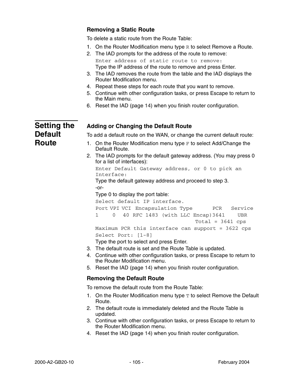 Setting the default route | Paradyne JetFusion Integrated Access Device User Manual | Page 124 / 297