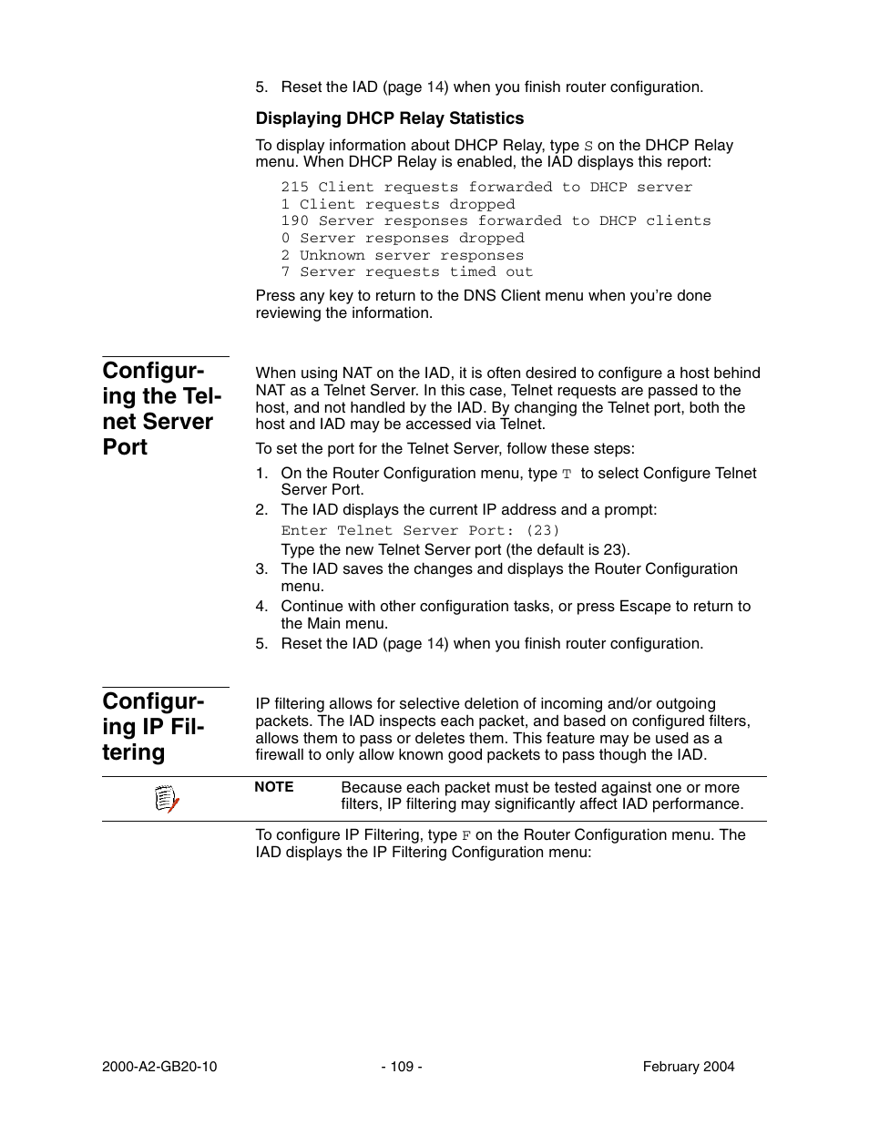 Configur ing the tel net server port, Configur ing ip fil tering, Configuring the telnet server port | Configuring ip filtering, Configur- ing the tel- net server port, Configur- ing ip fil- tering | Paradyne JetFusion Integrated Access Device User Manual | Page 128 / 297