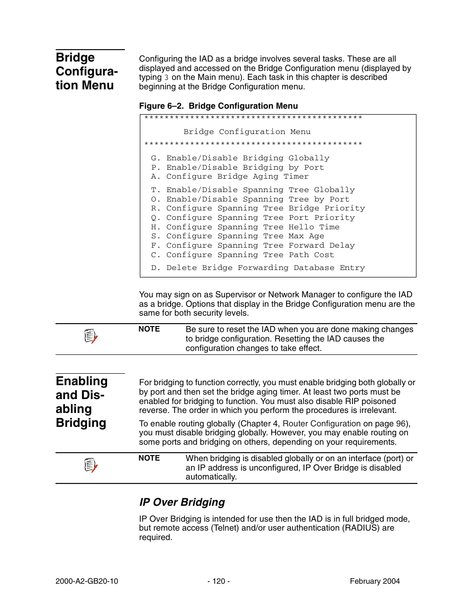 Bridge configura tion menu, Enabling and dis abling bridging, Ip over bridging | Bridge configuration menu, Enabling and disabling bridging, Bridge configura- tion menu, Enabling and dis- abling bridging | Paradyne JetFusion Integrated Access Device User Manual | Page 139 / 297