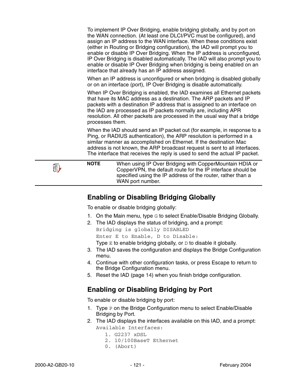 Enabling or disabling bridging globally, Enabling or disabling bridging by port, Or by port | Paradyne JetFusion Integrated Access Device User Manual | Page 140 / 297