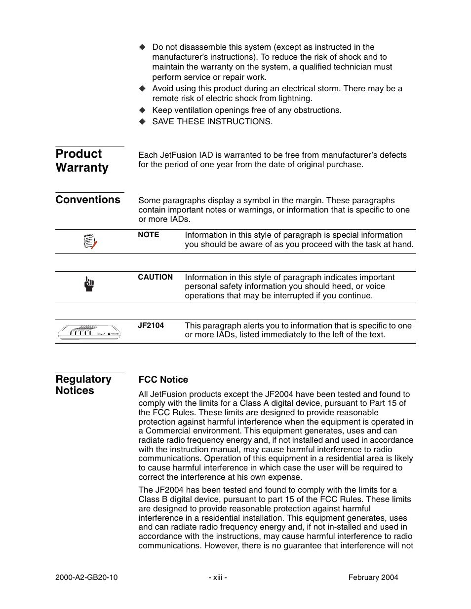 Product warranty, Conventions, Regulatory notices | Paradyne JetFusion Integrated Access Device User Manual | Page 15 / 297