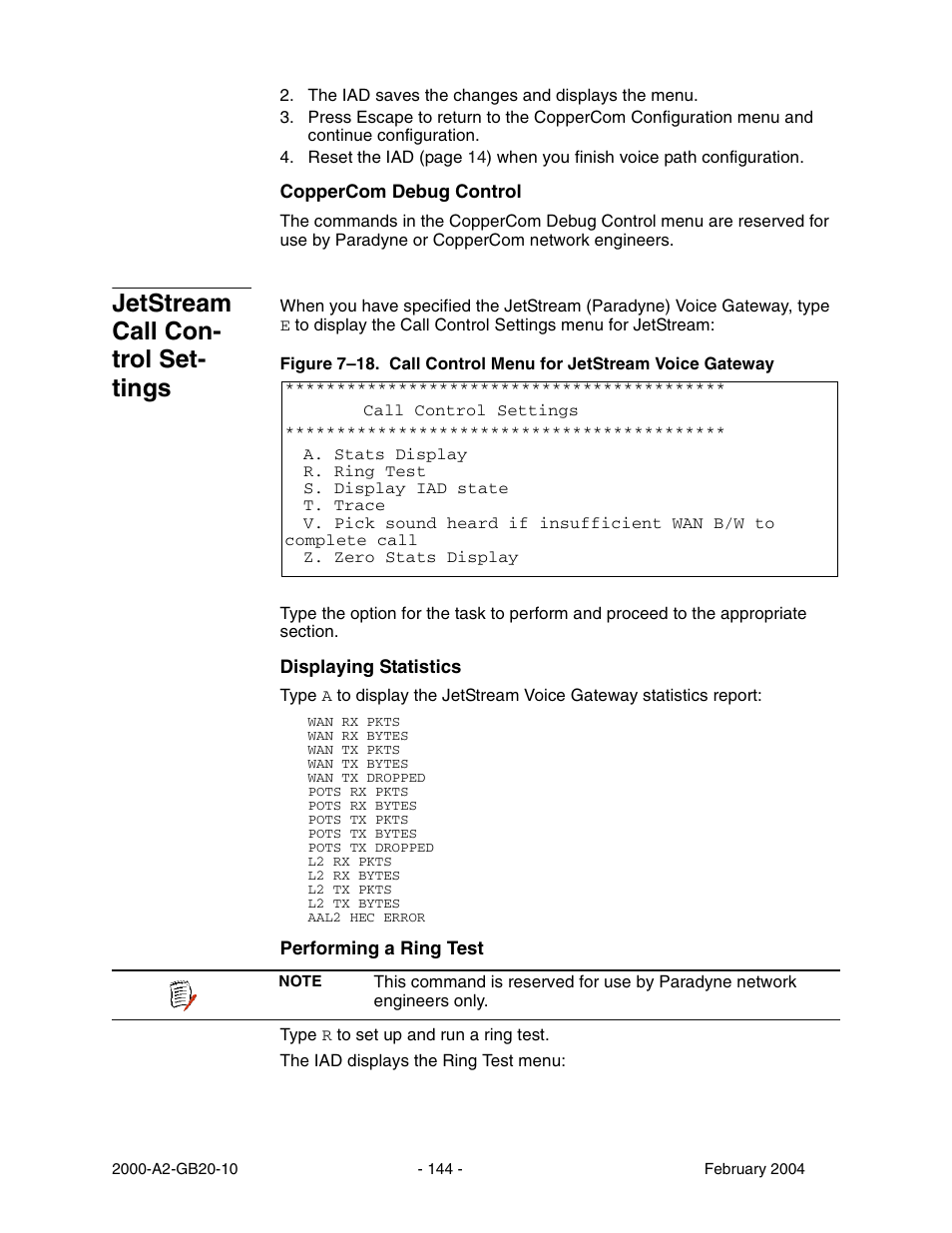 Jetstream call con trol set tings, Jetstream call control settings, Jetstream call con- trol set- tings | Paradyne JetFusion Integrated Access Device User Manual | Page 163 / 297