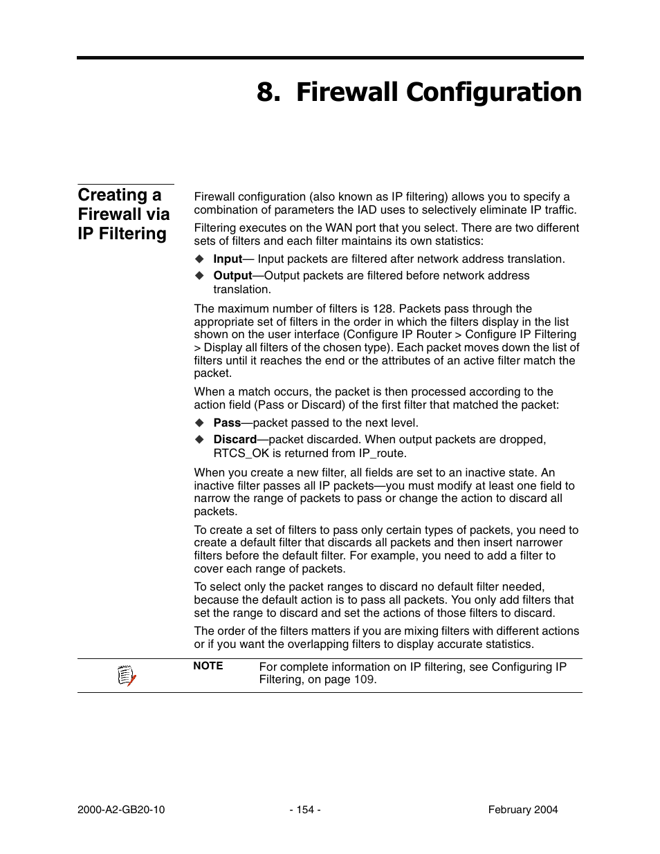Firewall configuration, Creating a firewall via ip filtering, Chapter 8 | Luhzdoo &rqiljxudwlrq | Paradyne JetFusion Integrated Access Device User Manual | Page 173 / 297