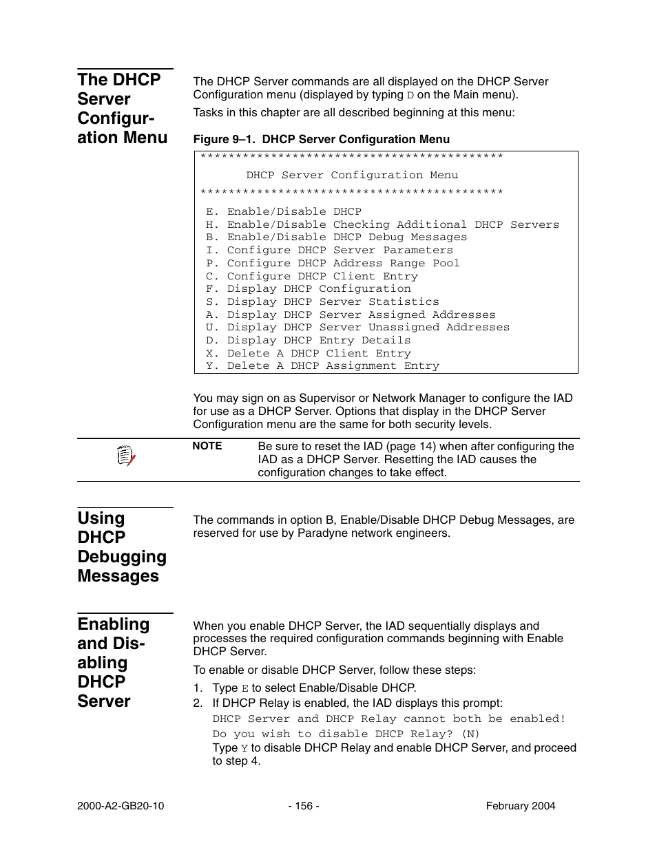 The dhcp server configur- ation menu, Using dhcp debugging messages, Enabling and dis abling dhcp server | The dhcp server configur-ation menu, Enabling and disabling dhcp server, Enabling and dis- abling dhcp server | Paradyne JetFusion Integrated Access Device User Manual | Page 175 / 297