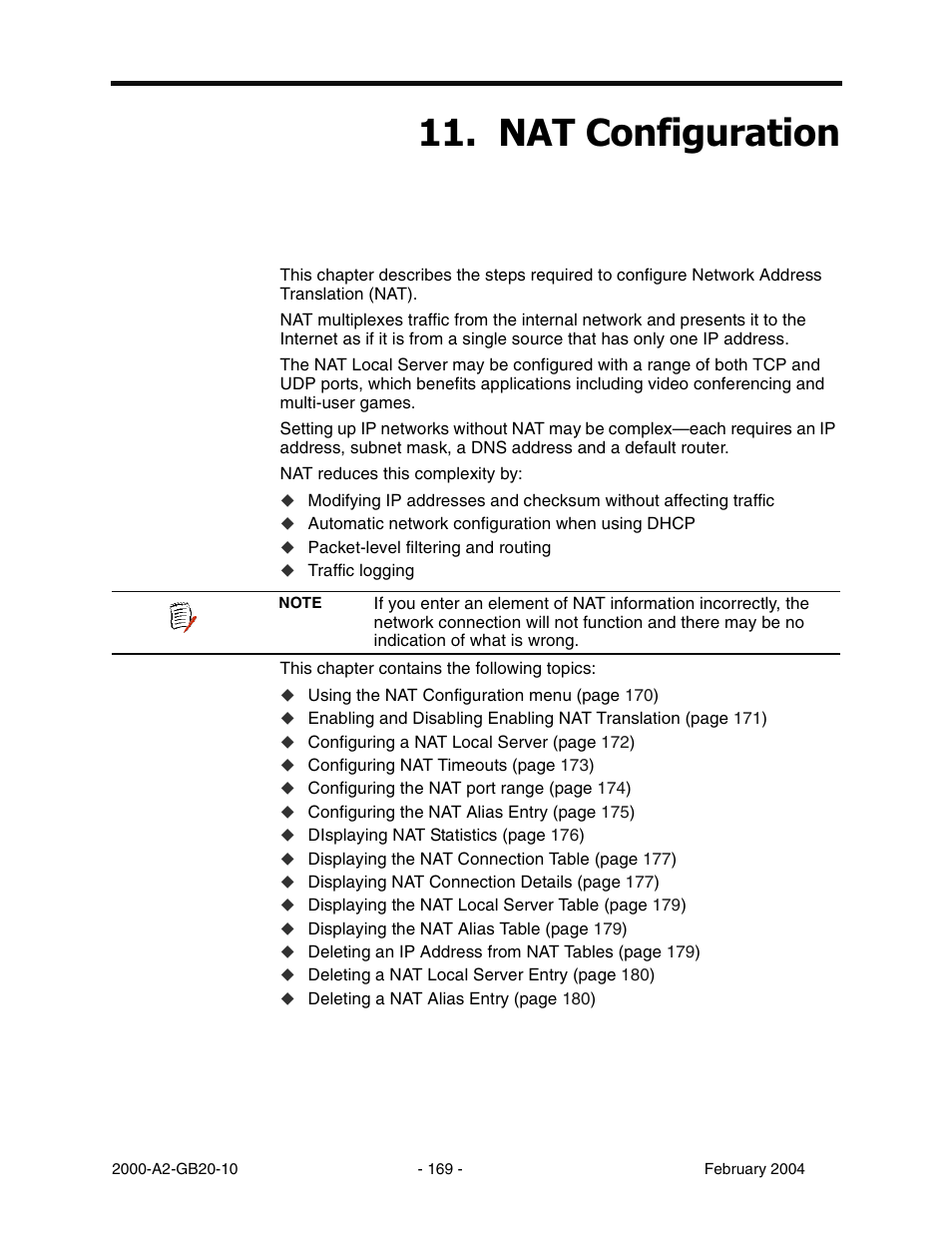 Nat configuration, Chapter 11 nat configuration, 1$7 &rqiljxudwlrq | Paradyne JetFusion Integrated Access Device User Manual | Page 188 / 297