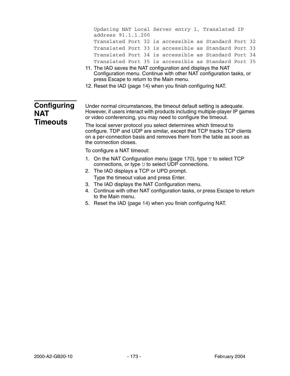 Configuring nat timeouts, Configuring, Nat timeouts | Paradyne JetFusion Integrated Access Device User Manual | Page 192 / 297