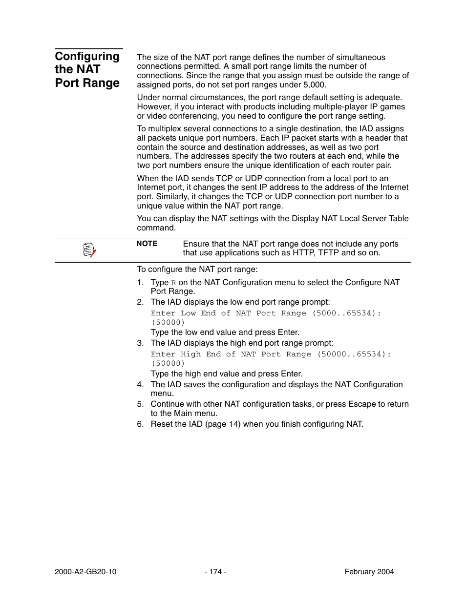 Configuring the nat port range, Configuring, The nat port range | Paradyne JetFusion Integrated Access Device User Manual | Page 193 / 297