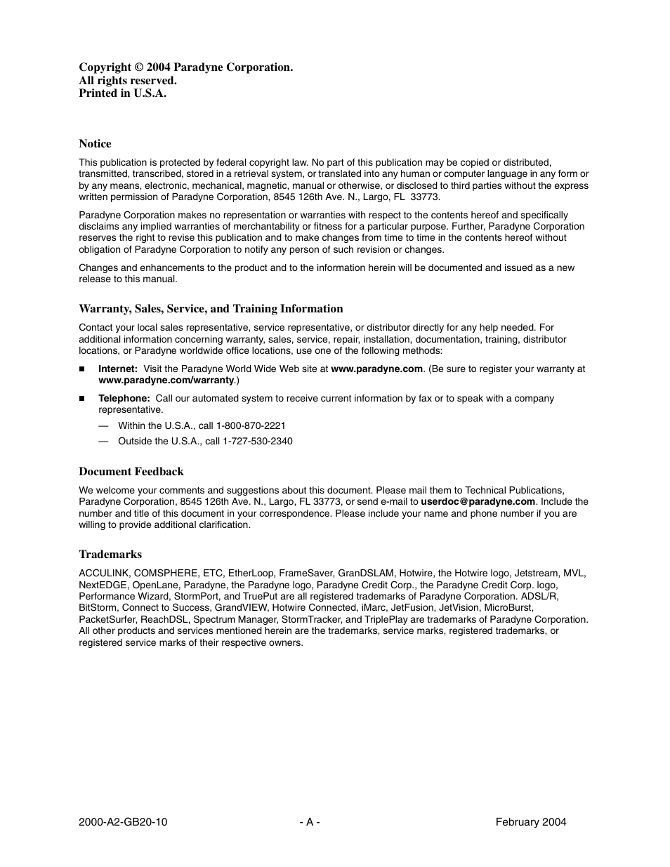 Notice, Warranty, sales, service, and training information, Document feedback | Trademarks | Paradyne JetFusion Integrated Access Device User Manual | Page 2 / 297