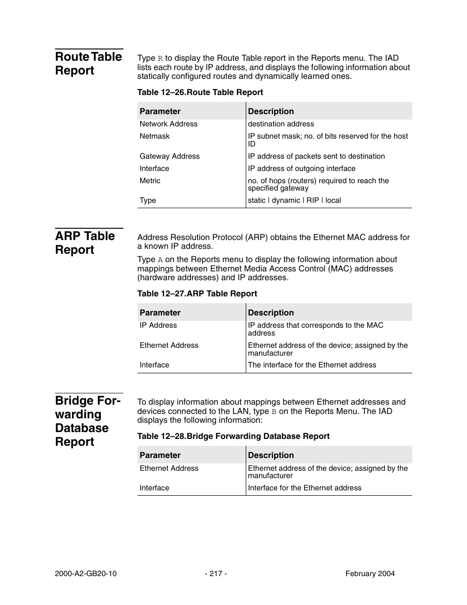 Route table report, Arp table report, Bridge for warding database report | Bridge forwarding database report, Bridge for- warding database report | Paradyne JetFusion Integrated Access Device User Manual | Page 236 / 297