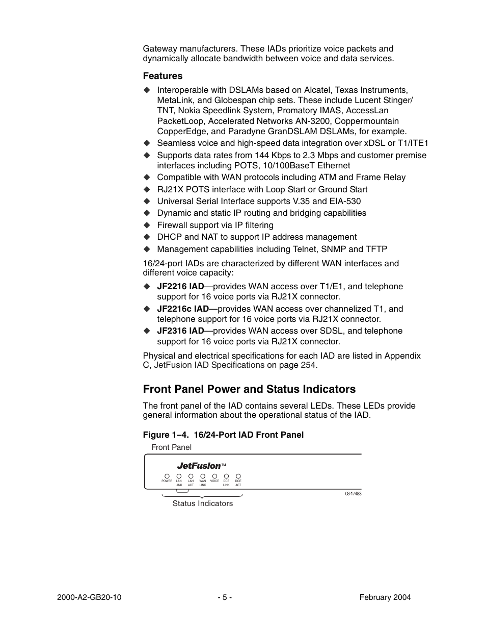 Front panel power and status indicators, Features | Paradyne JetFusion Integrated Access Device User Manual | Page 24 / 297