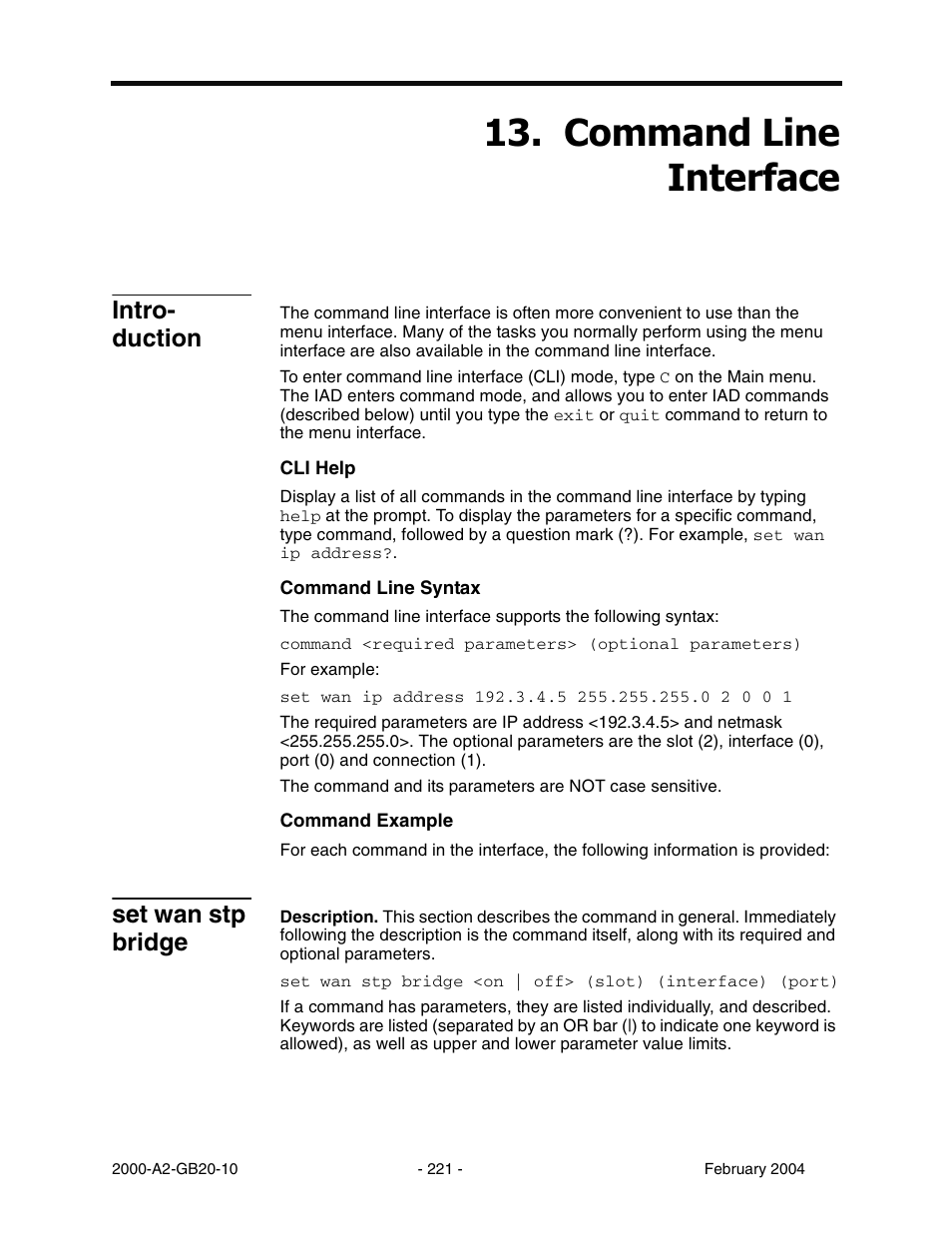 Command line interface, Intro- duction, Set wan stp bridge | Chapter 13 command line interface, Intro-duction, Rppdqg /lqh ,qwhuidfh | Paradyne JetFusion Integrated Access Device User Manual | Page 240 / 297