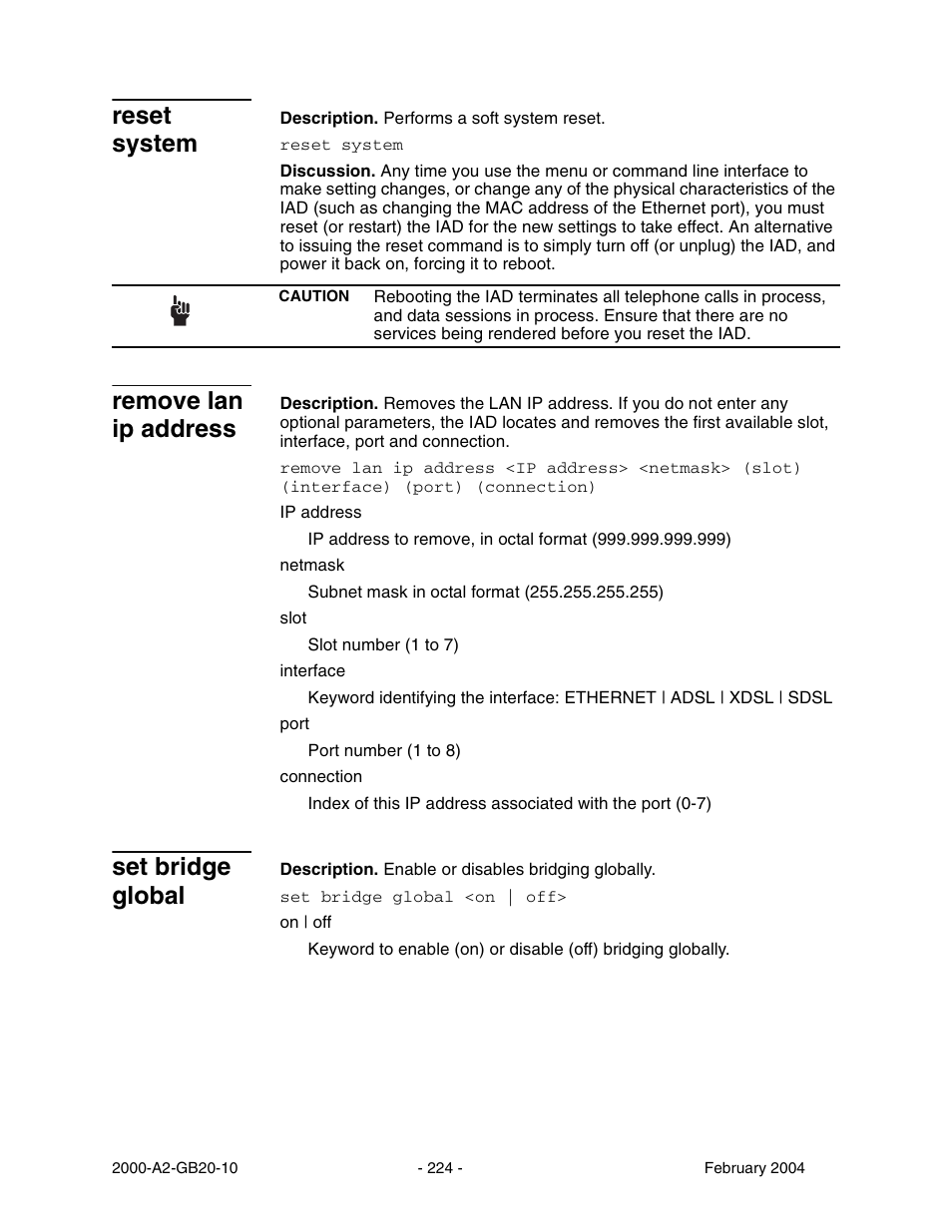 Reset system, Remove lan ip address, Set bridge global | Paradyne JetFusion Integrated Access Device User Manual | Page 243 / 297