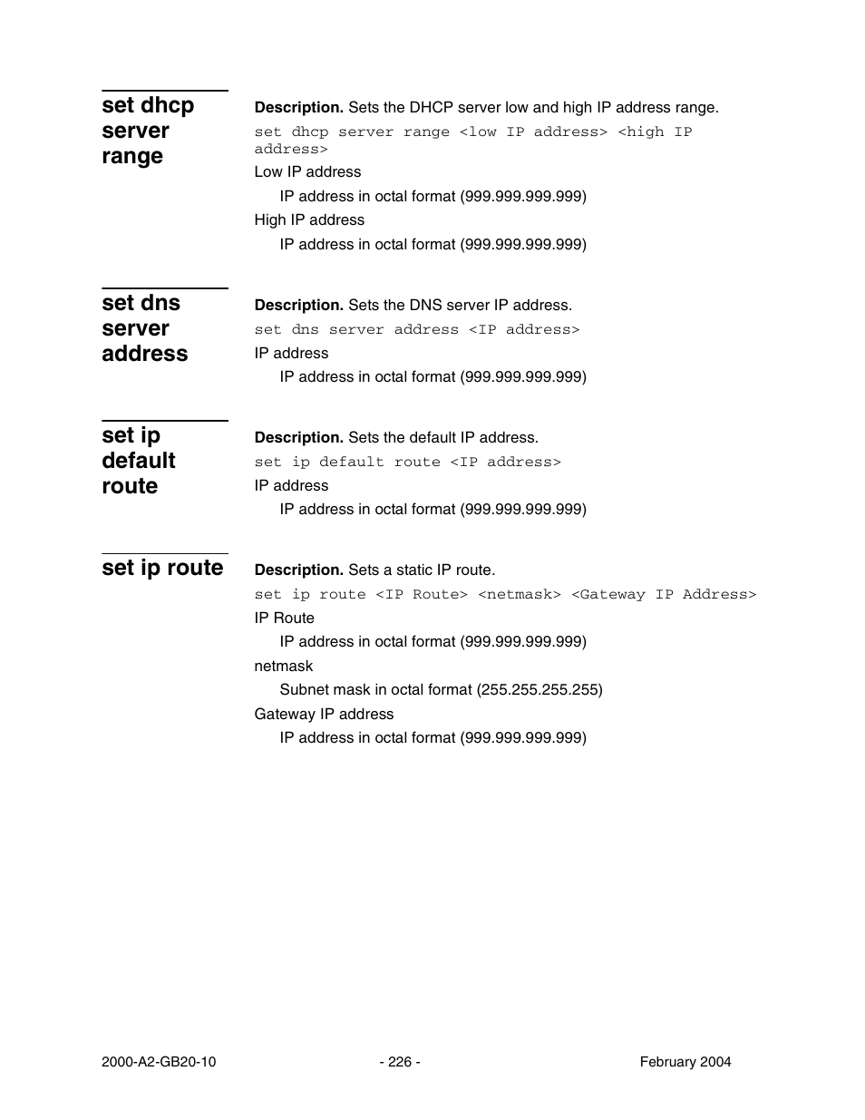 Set dhcp server range, Set dns server address, Set ip default route | Set ip route | Paradyne JetFusion Integrated Access Device User Manual | Page 245 / 297