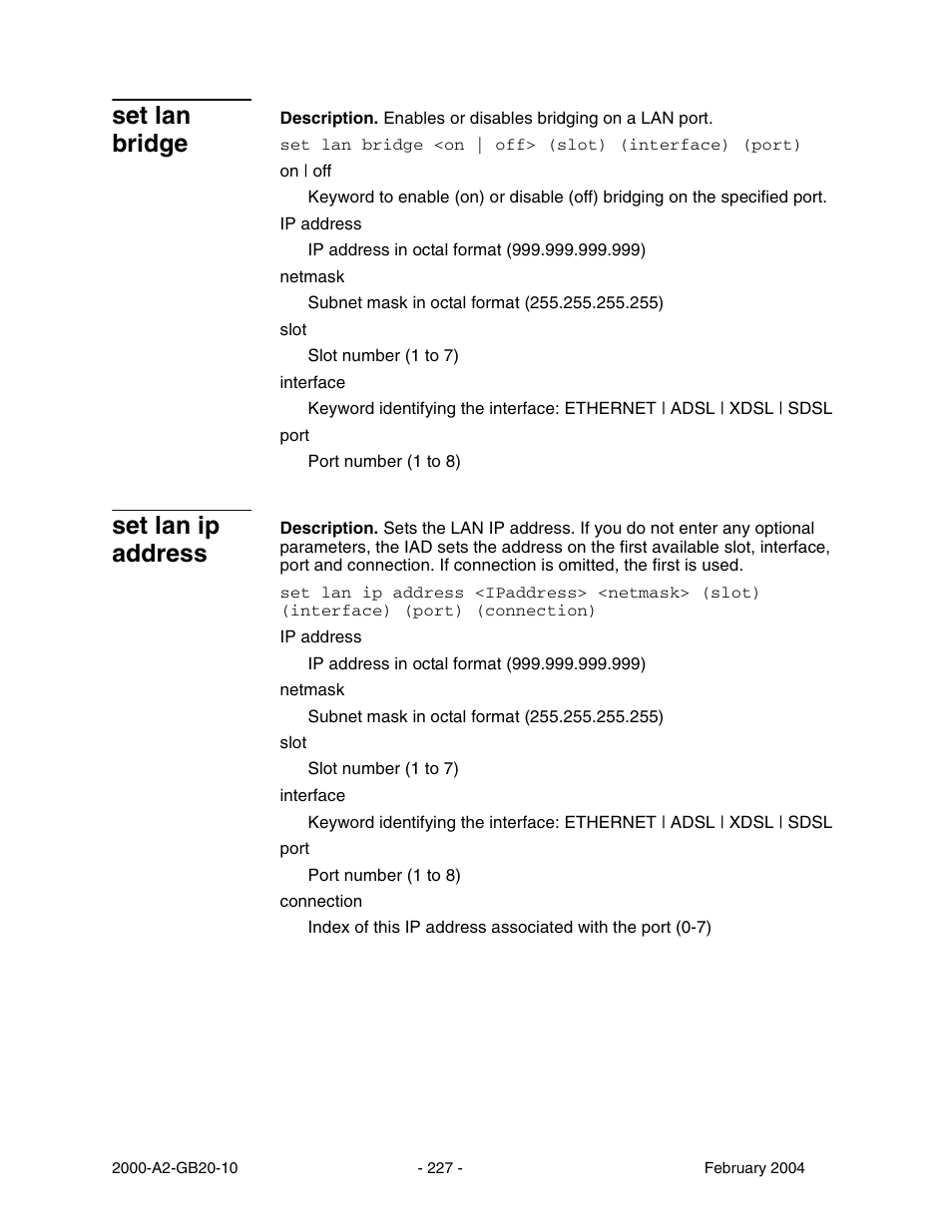 Set lan bridge, Set lan ip address | Paradyne JetFusion Integrated Access Device User Manual | Page 246 / 297