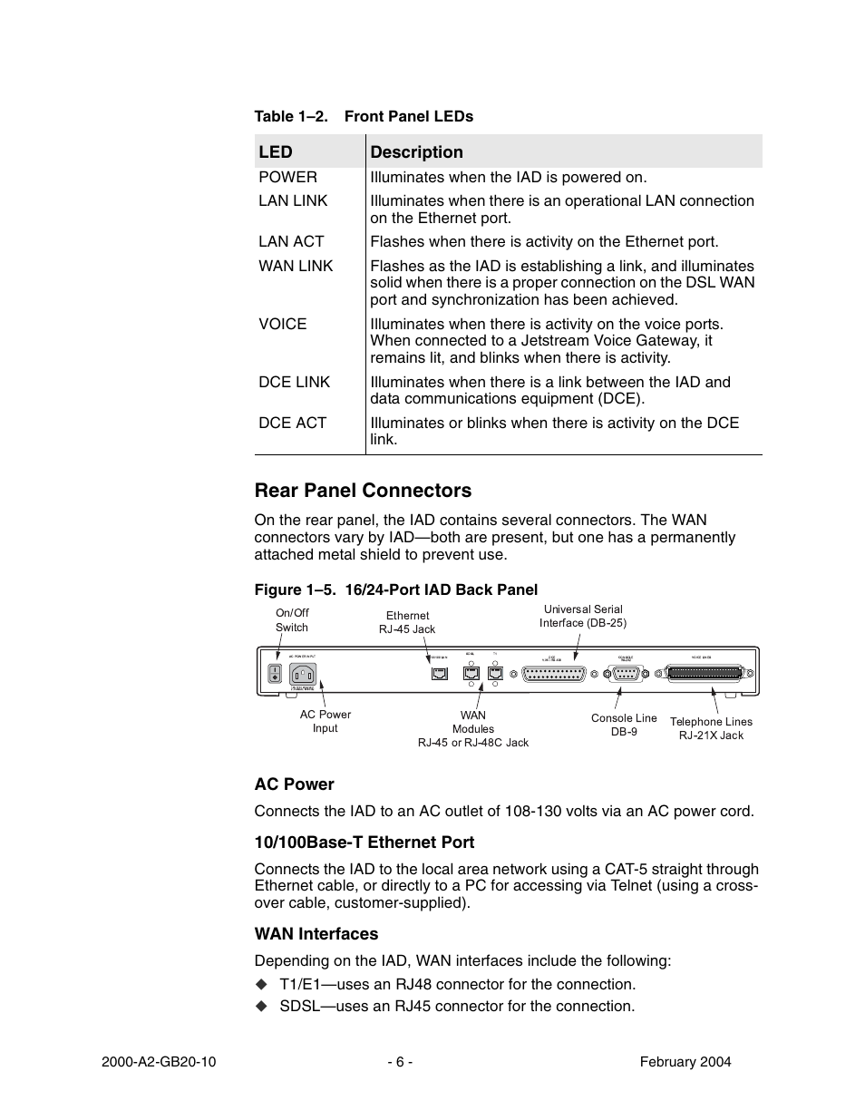 Rear panel connectors, Ac power, Wan interfaces | Led description, T1/e1—uses an rj48 connector for the connection | Paradyne JetFusion Integrated Access Device User Manual | Page 25 / 297