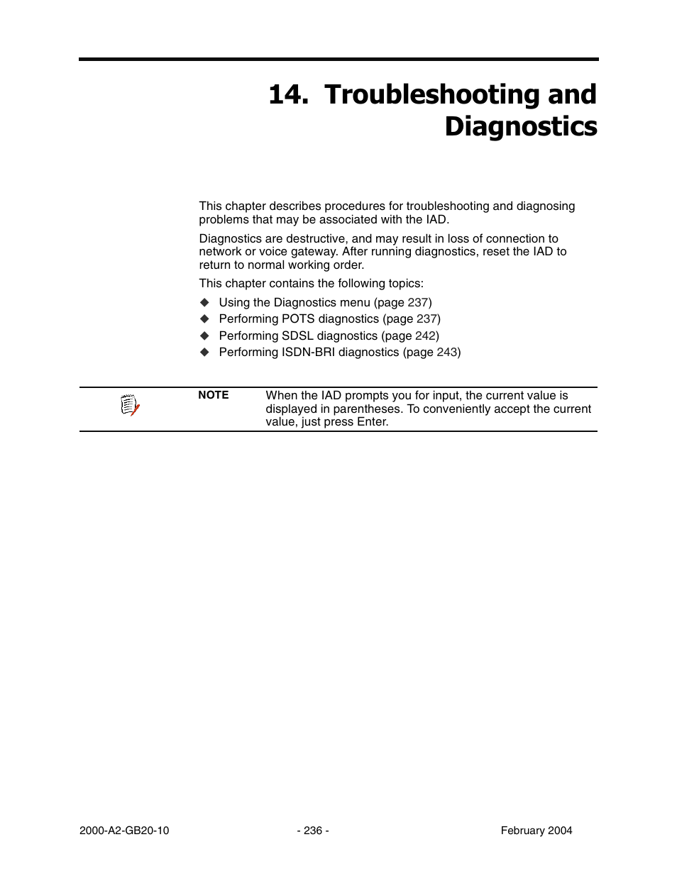 Troubleshooting and diagnostics, Chapter 14 troubleshooting and diagnostics, 7urxeohvkrrwlqj dqg 'ldjqrvwlfv | Paradyne JetFusion Integrated Access Device User Manual | Page 255 / 297