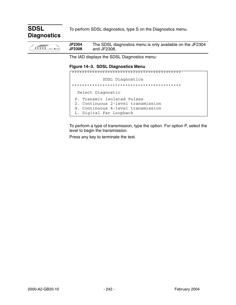 Sdsl diagnostics, Sdsl, Diagnostics | Paradyne JetFusion Integrated Access Device User Manual | Page 261 / 297