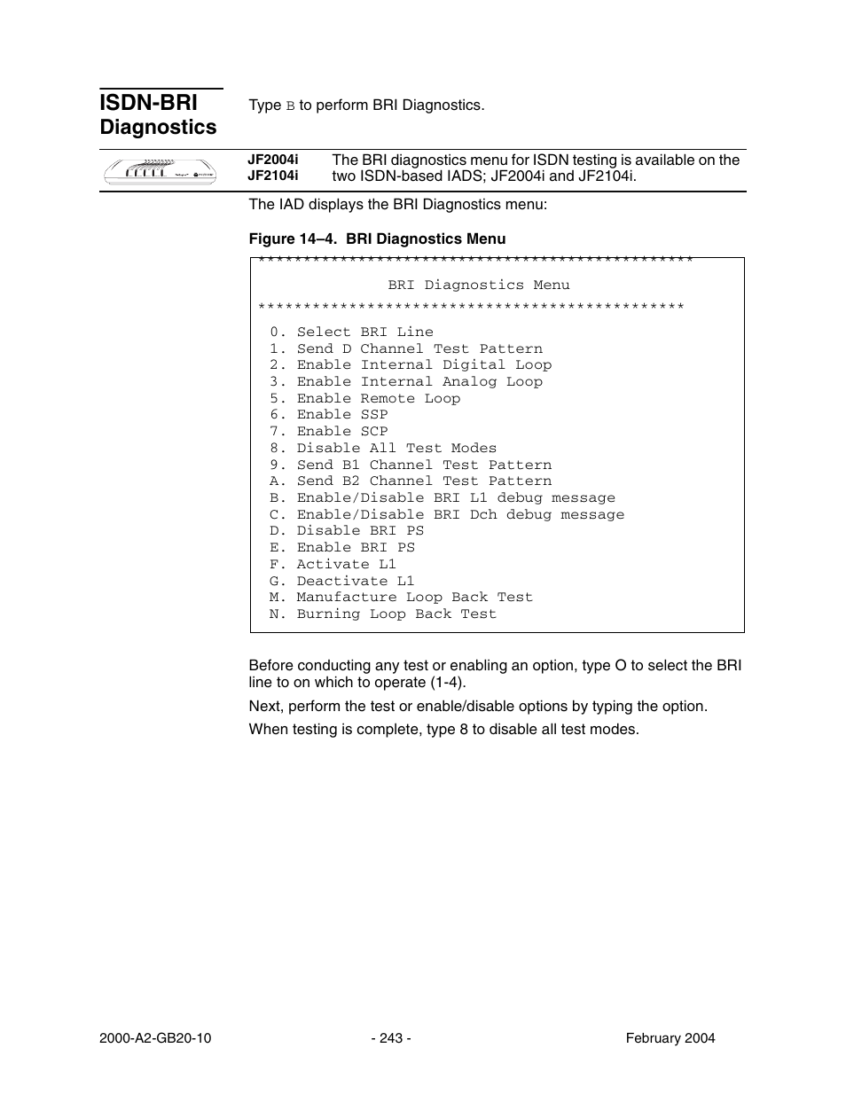 Isdn-bri diagnostics, Isdn-bri, Diagnostics | Paradyne JetFusion Integrated Access Device User Manual | Page 262 / 297