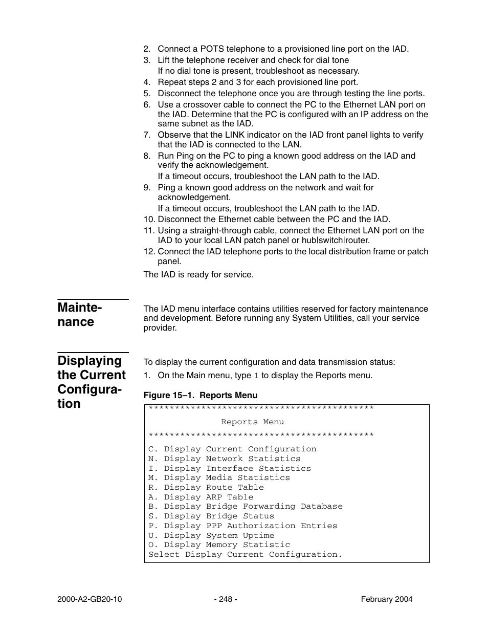 Mainte nance, Displaying the current configura tion, Maintenance | Displaying the current configuration, Mainte- nance, Displaying the current configura- tion | Paradyne JetFusion Integrated Access Device User Manual | Page 267 / 297