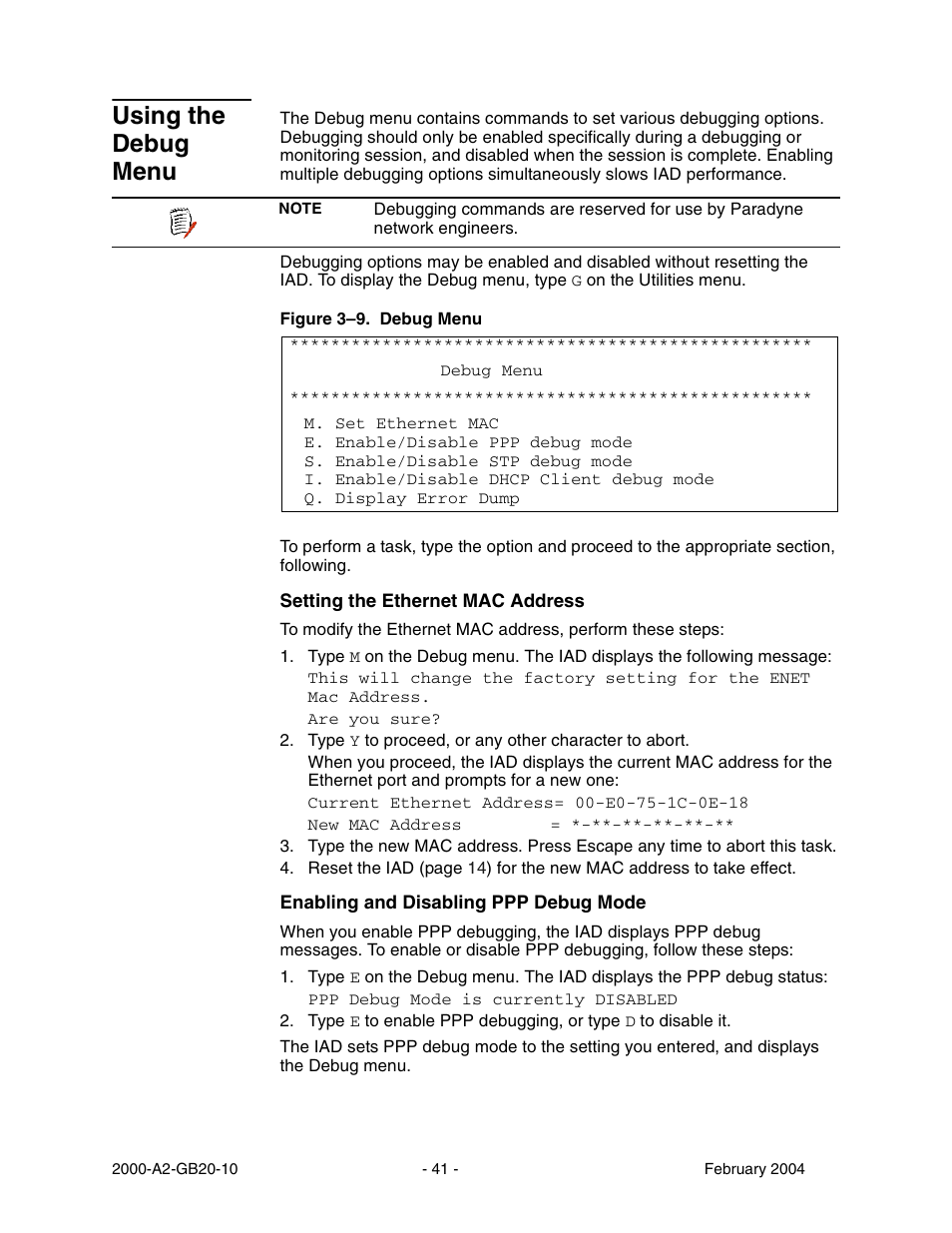 Using the debug menu | Paradyne JetFusion Integrated Access Device User Manual | Page 60 / 297