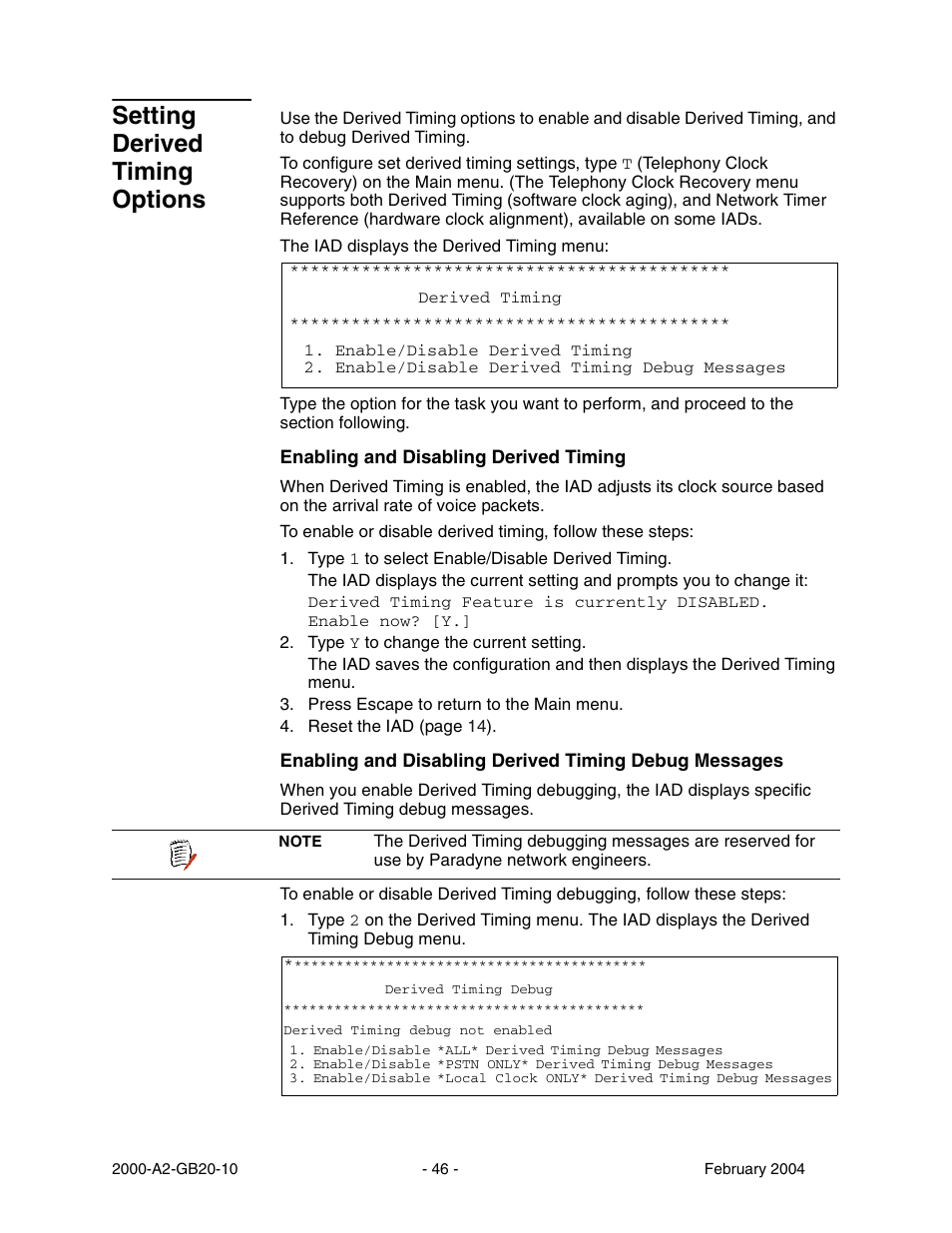 Setting derived timing options, Enabling and disabling derived timing | Paradyne JetFusion Integrated Access Device User Manual | Page 65 / 297