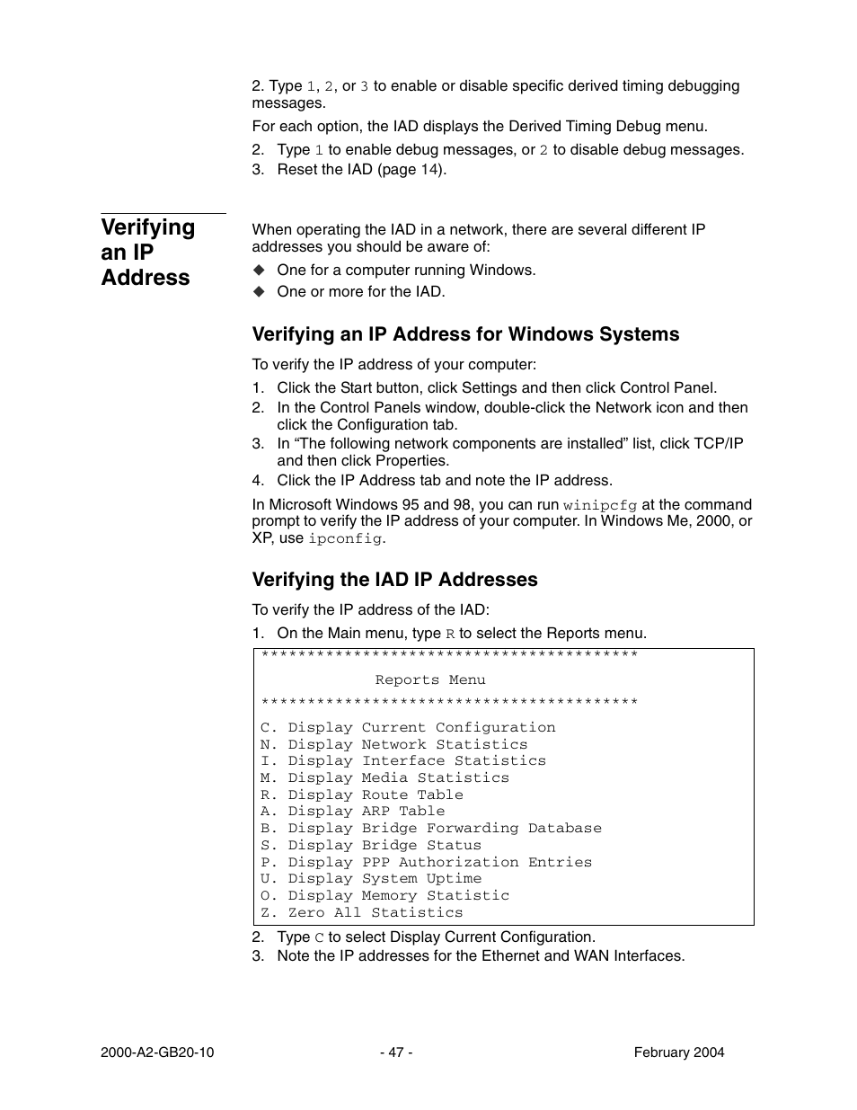 Verifying an ip address, Verifying an ip address for windows systems, Verifying the iad ip addresses | Paradyne JetFusion Integrated Access Device User Manual | Page 66 / 297