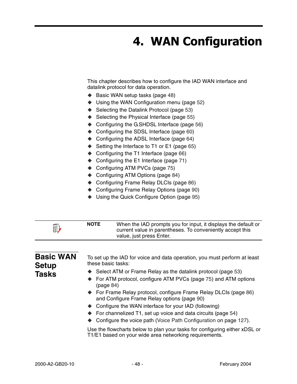 Wan configuration, Basic wan setup tasks, Chapter 4 | Configuration, 1 &rqiljxudwlrq | Paradyne JetFusion Integrated Access Device User Manual | Page 67 / 297