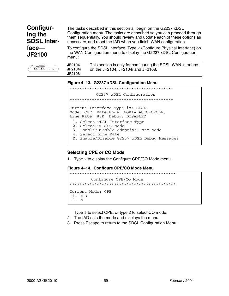 Configur ing the sdsl inter face- jf2100, Configuring the sdsl interface—jf2100, Configur- ing the sdsl inter- face— jf2100 | Paradyne JetFusion Integrated Access Device User Manual | Page 78 / 297