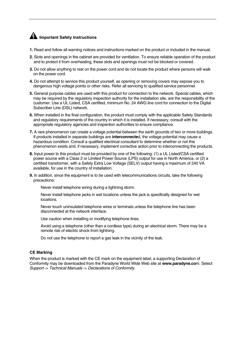 Important safety instructions | Paradyne 6211-I1 User Manual | Page 3 / 47