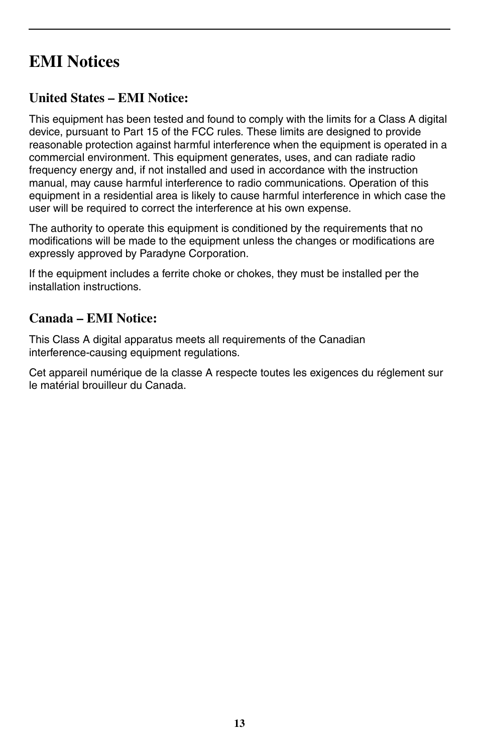 Emi notices, United states - emi notice, Canada - emi notice | Paradyne ENE2020-P User Manual | Page 13 / 16