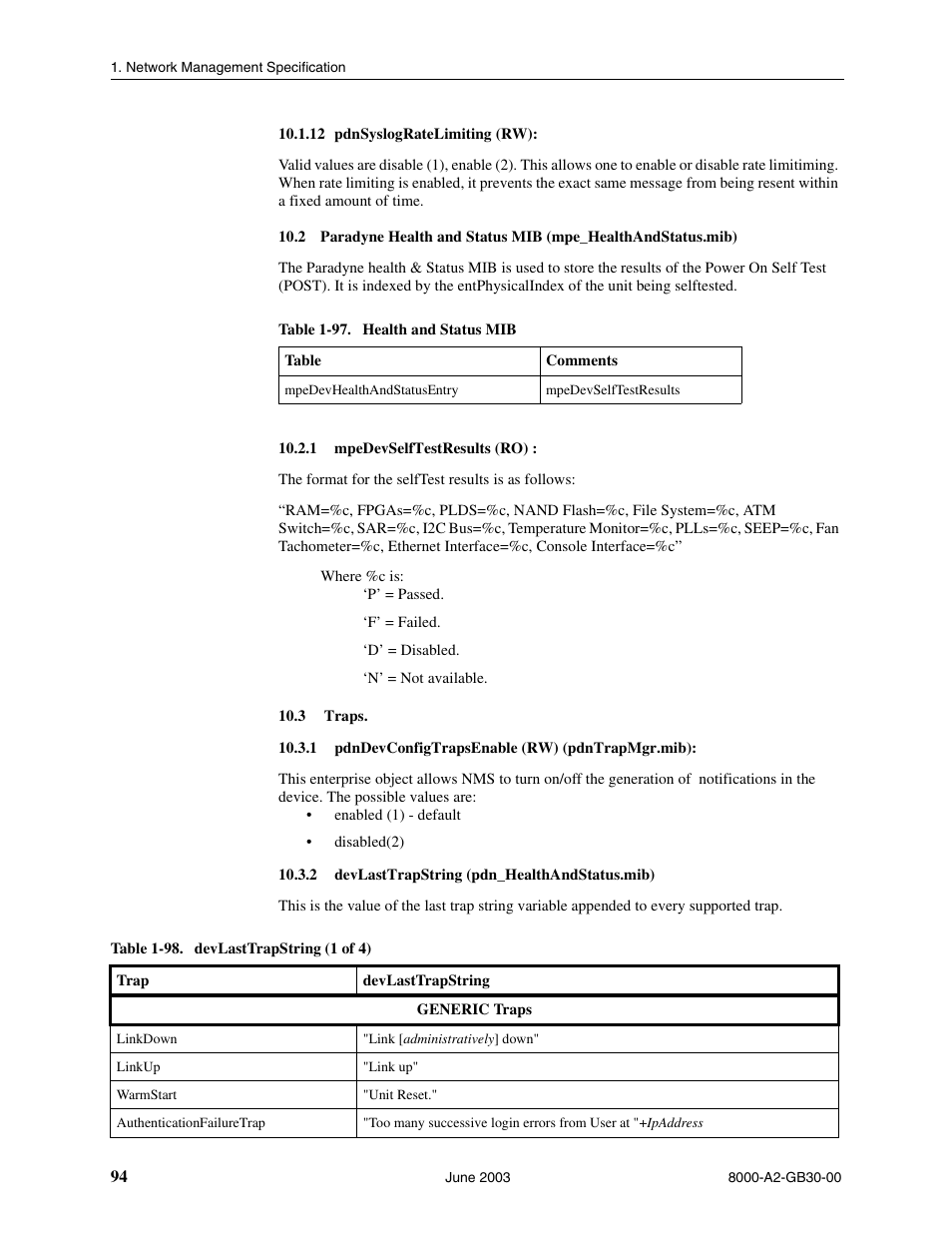 Pdnsyslogratelimiting (rw), Mpedevselftestresults (ro), Traps | Pdndevconfigtrapsenable (rw) (pdntrapmgr.mib), Devlasttrapstring (pdn_healthandstatus.mib) | Paradyne Hotwire 8620 User Manual | Page 100 / 108