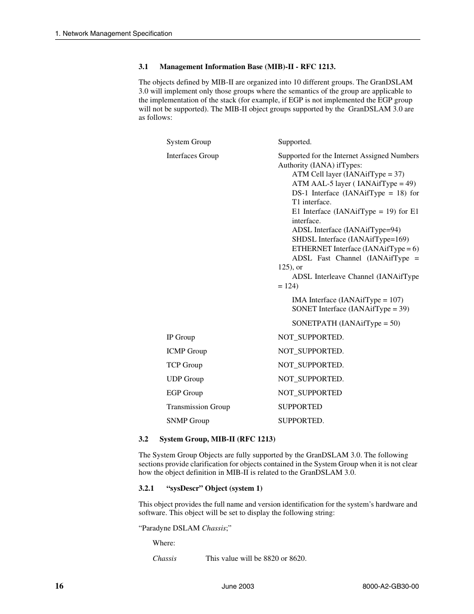 Management information base (mib)-ii - rfc 1213, System group, mib-ii (rfc 1213), Sysdescr” object (system 1) | Paradyne Hotwire 8620 User Manual | Page 22 / 108