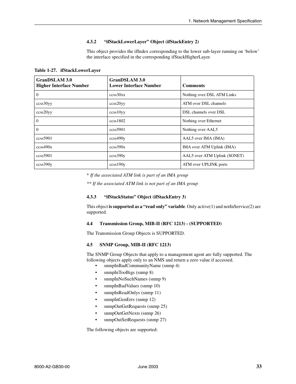 Ifstacklowerlayer” object (ifstackentry 2), Ifstackstatus” object (ifstackentry 3), Snmp group, mib-ii (rfc 1213) | Paradyne Hotwire 8620 User Manual | Page 39 / 108