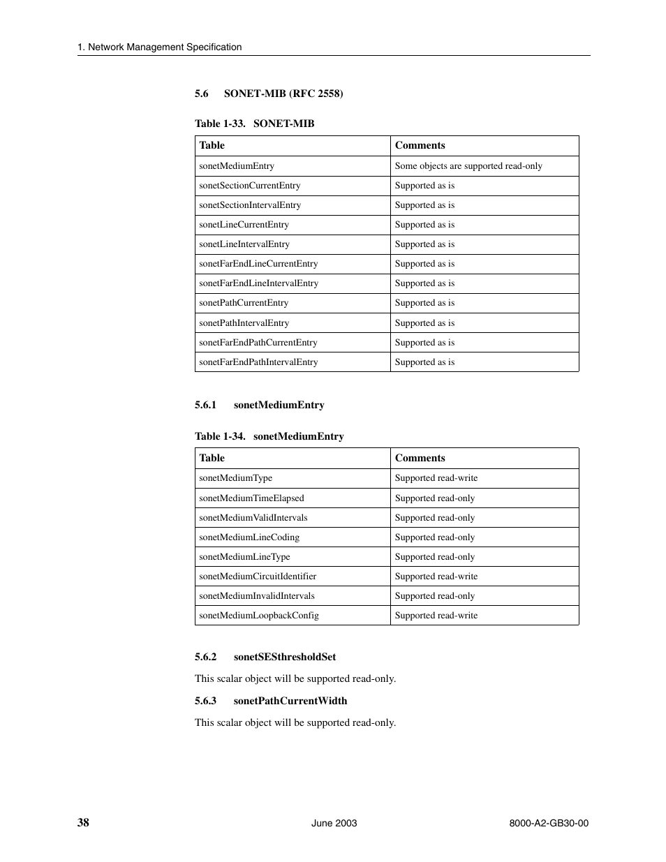 Sonet-mib (rfc 2558), Sonetmediumentry, Sonetsesthresholdset | Sonetpathcurrentwidth | Paradyne Hotwire 8620 User Manual | Page 44 / 108