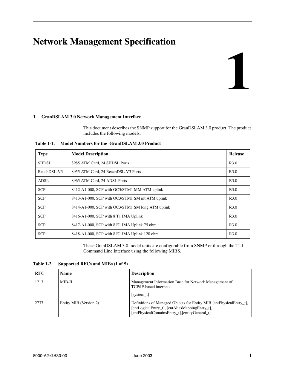 Grandslam 3.0 network management interface, Network management specification, Grandslam 3 | Paradyne Hotwire 8620 User Manual | Page 7 / 108